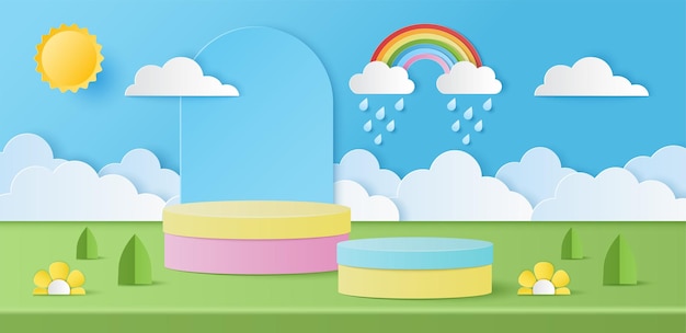 Cięcie papieru letniego transparentu z podium cylindra w pastelowych kolorach i tęczową chmurą słońca krople deszczu na prezentację produktów ilustracja wektorowa