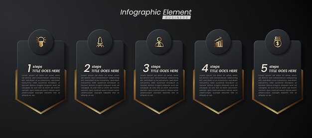 Plik wektorowy ciemny złoty elegancki infographic szablon 3d z krokami do sukcesu. prezentacja z ikonami elementów linii.
