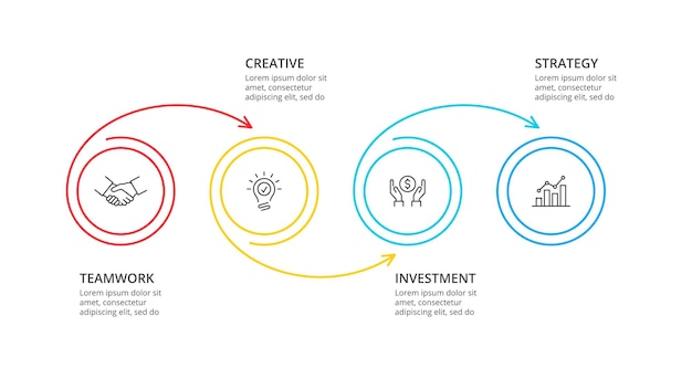 Plik wektorowy cienka linia płaska okrąg do infografiki ze strzałkami. koncepcja biznesowa z 4 opcjami.