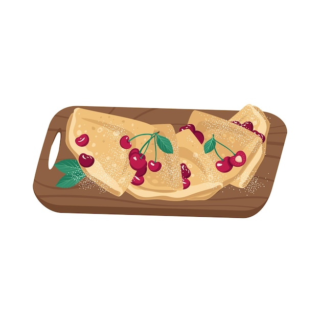 Cienkie naleśniki na desce ze słodkimi wiśniami Świąteczne danie na karnawał Maslenitsa i zapusty Pyszne wypieki Płaskie ilustracji wektorowych