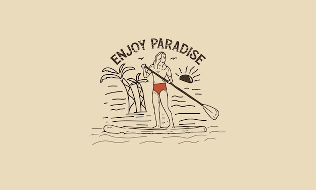 Ciesz Się Rajem Vintage Graphic Woman Paddle Surf Illustration