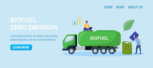 Plik wektorowy ciężarówka dostarczająca biopaliwo do stacji tankowania benzyny odnawialne źródło energii pochodzące z materiałów organicznych zmniejszenie emisji gazów cieplarnianych alternatywny zielony olej napędowy zrównoważony rozwój środowiskowy