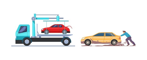 Ciężarówka Holująca Uszkodzony Samochód Pchający Zepsuty Samochód, Laweta Transportująca Czerwony Samochód Po Wypadku Drogowym