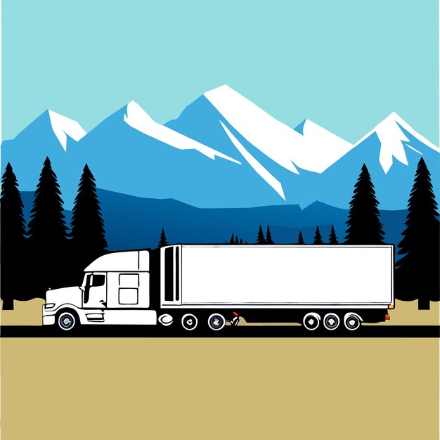 Plik wektorowy ciężarówka z białą przyczepą jedzie po drodze z górami w tle