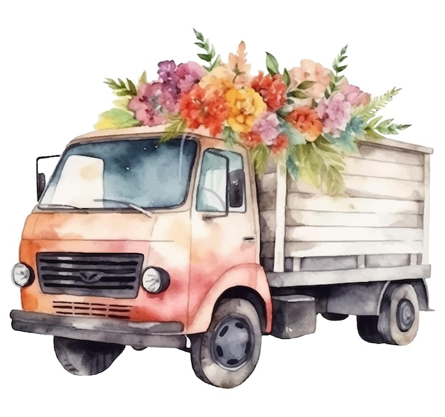 Ciężarówka Z Kwiatami Akwarela Ilustracja