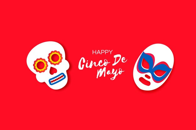 Cinco De Mayo Banner Z Czaszką I Maską Luchadora W Stylu Cięcia Papieru Czerwone Tło Miejsce Na Tekst