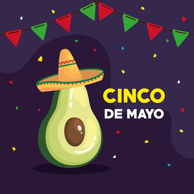 Cinco De Mayo Kartka Z Pozdrowieniami Z Avocado I Dekoraci Wektorowym Ilustracyjnym Projektem