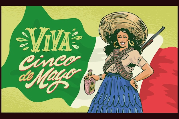 Cinco de Mayo kobieta z pistoletem i tequilą Viva Cinco de Mayo 2022