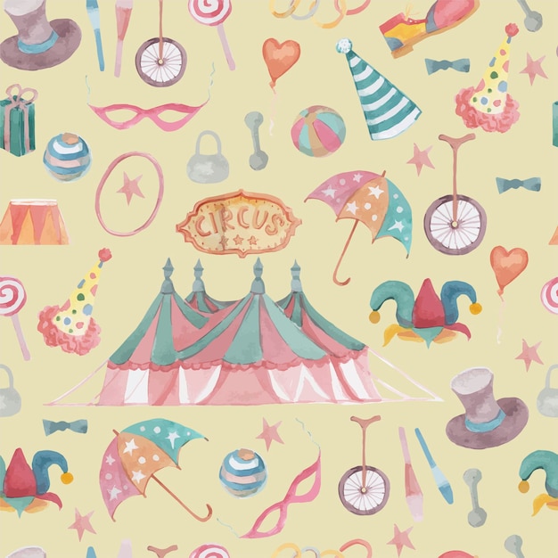 Circus marquee arena akwarela ilustracja ręcznie rysowane patern wzór ręka pierścienie piłkę