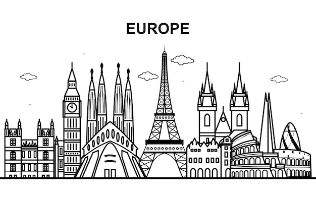 City In Europe Tour Cityscape Skyline Line Outline