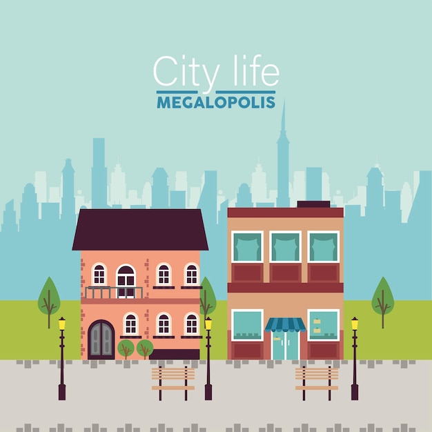 City life megalopolis napis w scenie pejzaż z ilustracją ławek i lamp