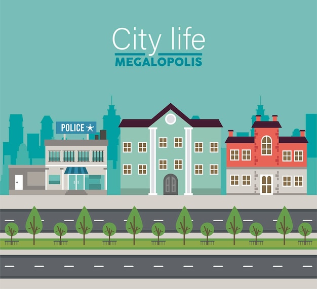 City Life Megalopolis Napis W Scenie Pejzażu Z Posterunkiem Policji I Ilustracją Budynków