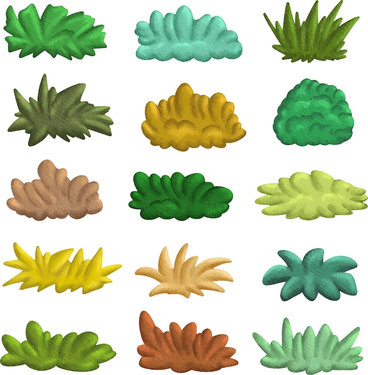 Wektor clip art urocza akwarela ilustracja kolorowego zielonego krzewu i trawy dla przedszkola i przedszkola
