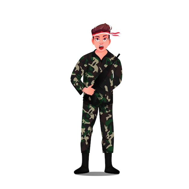 Clipart z postacią żołnierza z kreskówki z opaską na głowie i bronią
