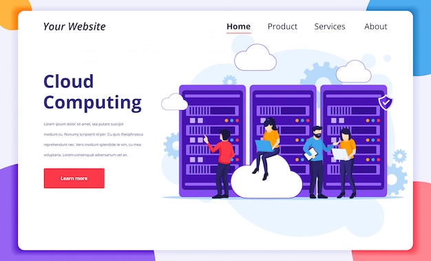 Cloud Computing Koncepcja, Ludzie Pracujący Na Laptopie I Serwerze, Pamięć Cyfrowa, Centrum Danych. Szablon Projektu Strony Docelowej