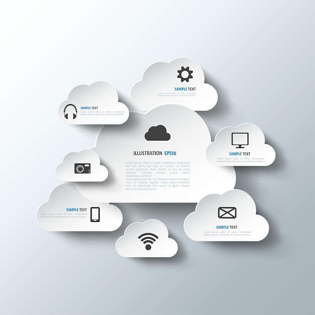 Cloud computing w tle z ikonami internetowymi aplikacja mobilna sieci społecznościowej