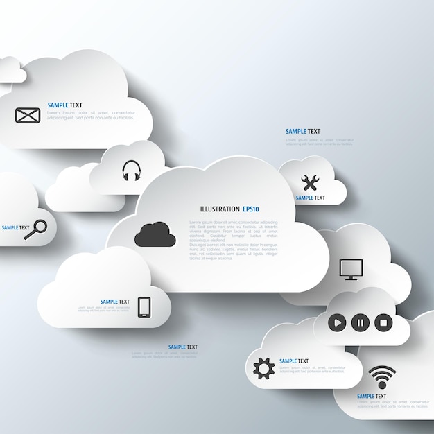 Cloud computing w tle z ikonami internetowymi aplikacja mobilna sieci społecznościowej