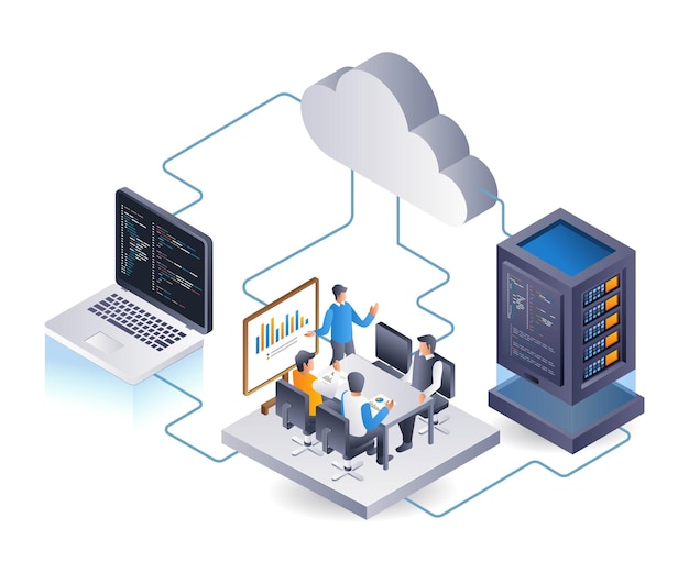 Cloud Server Data Center Security Team - Infografika 3D, ilustracja płaska, izometryczna