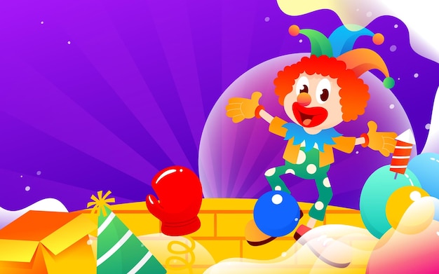 Clown żonglerka Na Scenie Ze Sceną I Podstępnymi Rekwizytami W Tle, Ilustracji Wektorowych