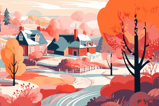 Coastal Winter Wonderland żywa Ilustracja Zimowego Krajobrazu Z Kolorowymi Jesiennymi Drzewami I Domem