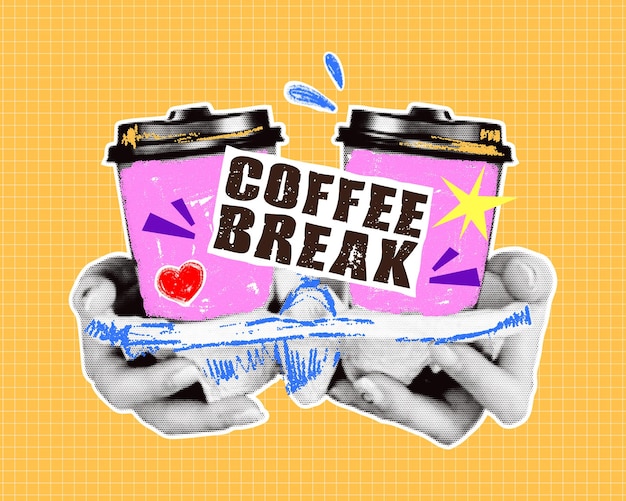Coffee break w stylu retro collage Ręce z efektem półtonu trzymają dwa papierowe kubki do kawy narysowane wielobarwnymi ołówkami o ziarnistej teksturze Modne wycinki papieru z estetyki Y2K
