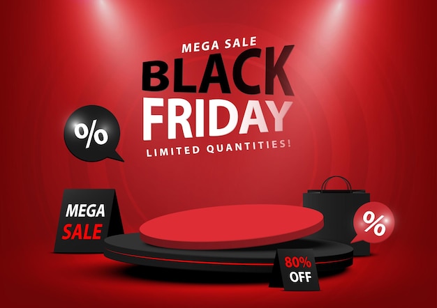 Cokół z okazji Czarnego Piątku Mega Sale dla produktów reklamowych z elementami banerów sprzedaży na czerwono