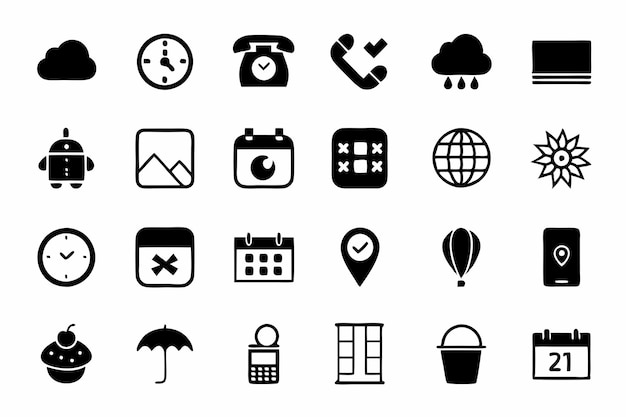 Collection of black and white icons for apps and interfaces