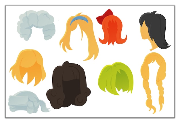 Collection of cartoon hair styles and wigs