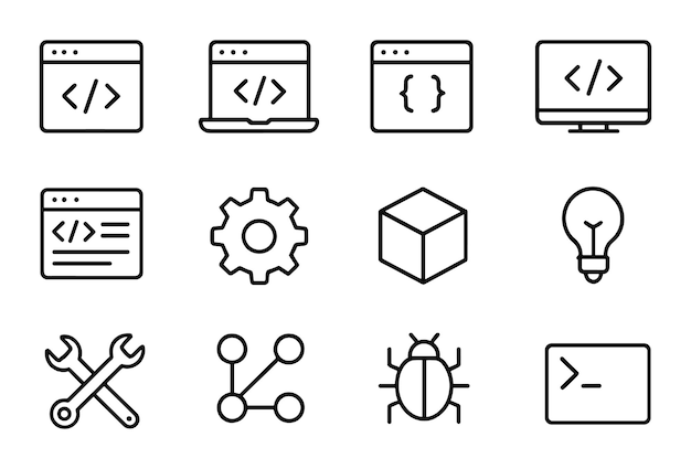 Collection of coding and software development icons featuring laptop desktop tools and programming symbols for technology enthusiasts