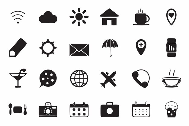 Collection of flat black and white icons