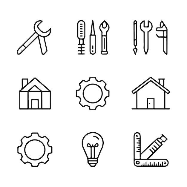 Collection of tools and home elements in line art style