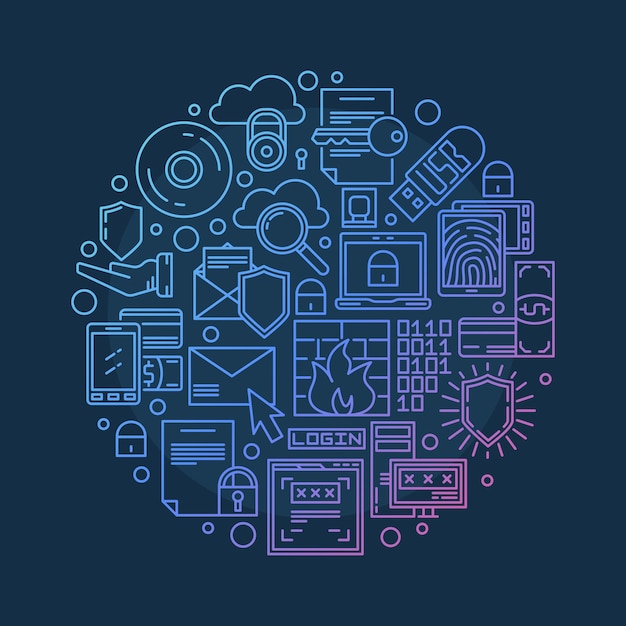 Computer Security wektor Pc koncepcja okrągły ilustracja w stylu cienka linia