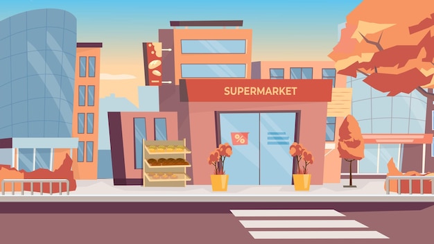 Concept Supermarket Street Płaski Projekt Cartoonstyle Ulicy Supermarketu Na Białym Tle