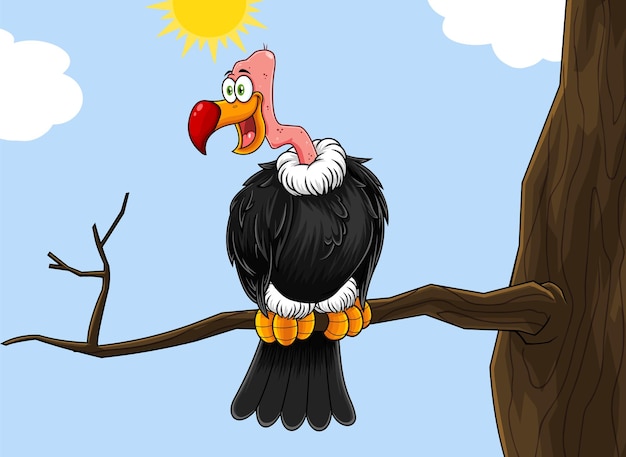 Condor Lub Vulture Cartoon Character Siedzi Na Gałęzi.