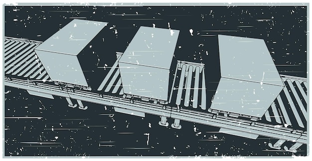 Conveyor line with boxes on pallets close up retro poster illustration