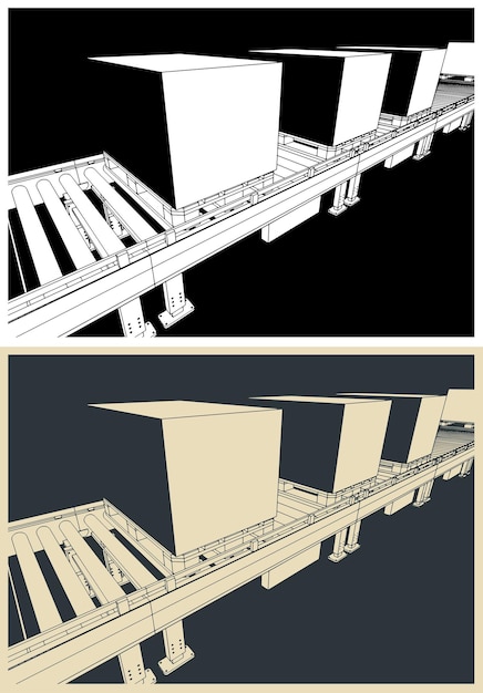 Conveyor line with boxes on pallets close up retro poster illustration