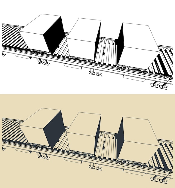 Conveyor line with boxes on pallets illustrations