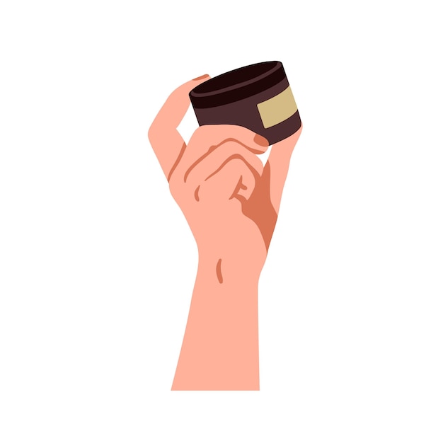 Cosmetic jar in hand Woman holding beauty product body skincare cream moisturizing hair mask Moisturizer balm healthy skin care lotion Flat vector illustration isolated on white background
