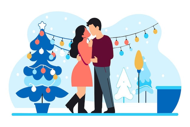 Plik wektorowy couple hugging by a decorated tree with seasonal lights