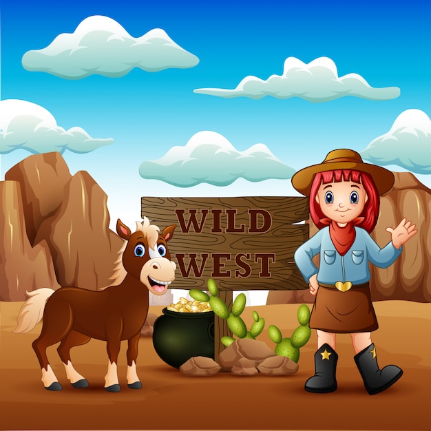 Cowgirl dziki zachód krajobraz z koniem