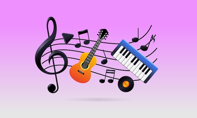 Creative Musical Treble Clef Collage z elementami gry na gitarze i fortepianie