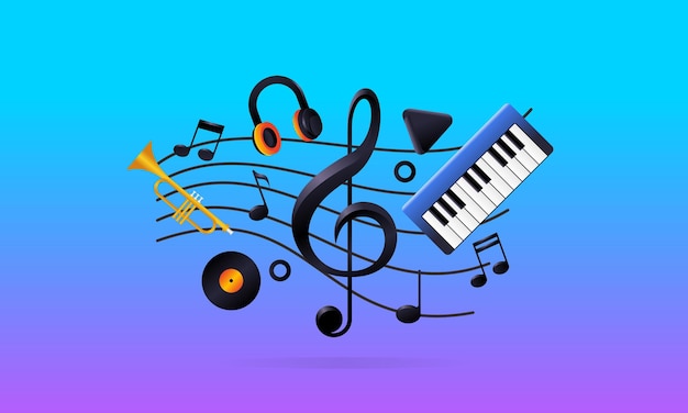 Creative Musical Treble Clef Collage z elementami gry na gitarze i fortepianie