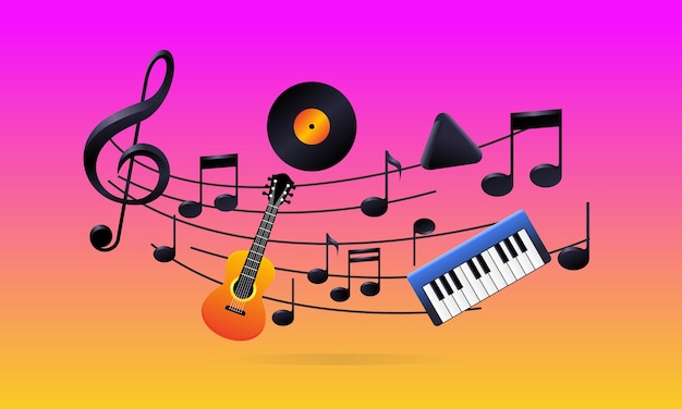 Creative Musical Treble Clef Collage z elementami gry na gitarze i fortepianie