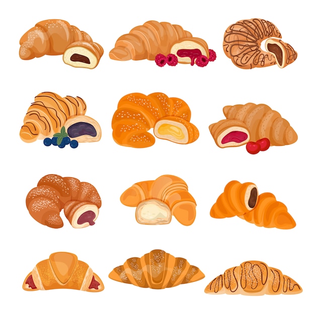 Croissant francuska karmowa słodka deserowa ciasto babeczka dla śniadaniowej ilustracyjnej piekarni ustawiającej smakowitego chlebowego bagel wyśmienicie przekąska odizolowywająca na bielu