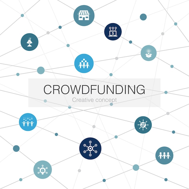 Crowdfunding Modny Szablon Sieci Web Z Prostymi Ikonami. Zawiera Takie Elementy Jak Startup, Uruchomienie Produktu, Platforma Finansowania, Społeczność