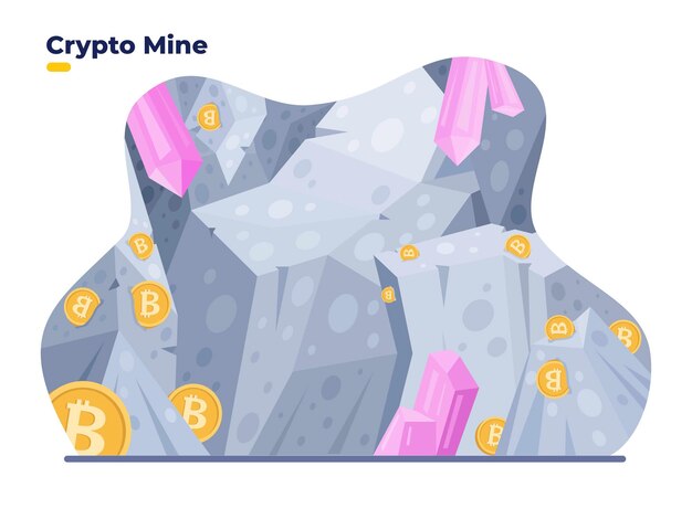 Crypto Mine Wektor Płaskie Ilustracja Koncepcja Jaskini Kopalni Bitcoin Cyfrowa