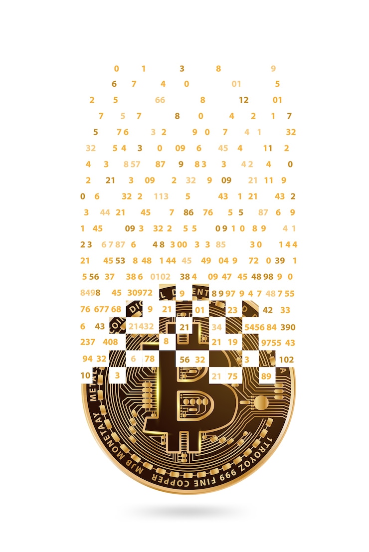 Wektor crypto waluty złotej monety z spadającymi cyframi