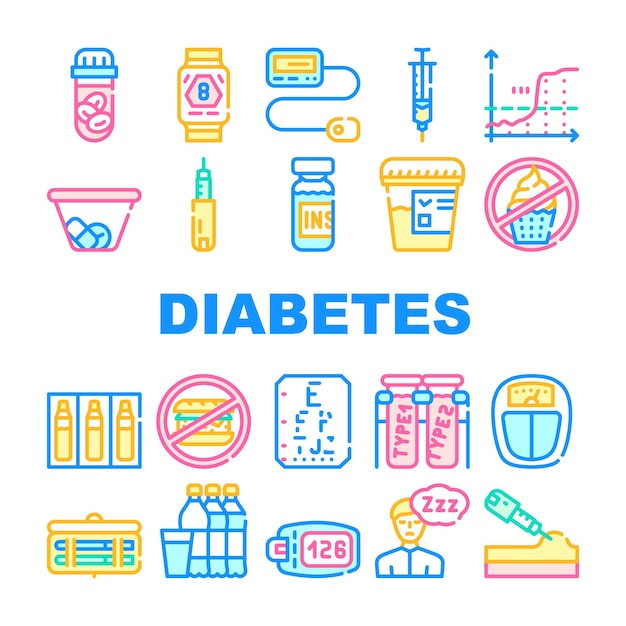 Plik wektorowy cukrzyca źle leczenie kolekcja ikony zestaw wektor wstrzyknięcia leku insuliny i objaw utraty wzroku koncepcja kontroli glukozy i cukru we krwi liniowe piktogramy kontur kolorowe ilustracje