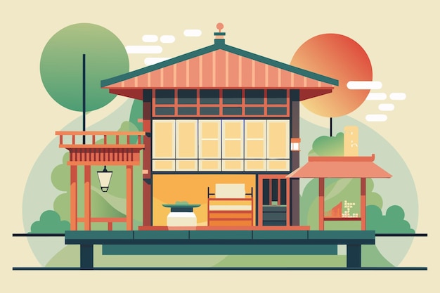 Plik wektorowy cutaway vector diagram of a traditional japanese tea house with a minimalist aesthetic