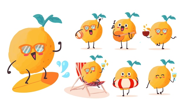 Cute And Kawaii Lemon Sticker Zestaw Ilustracji Z Różną Aktywnością I Ekspresją Dla Maskotki